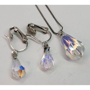 VTG Clear Crystal Teardrop Necklace & Clip On Earrings Set 925 Sterling Silver